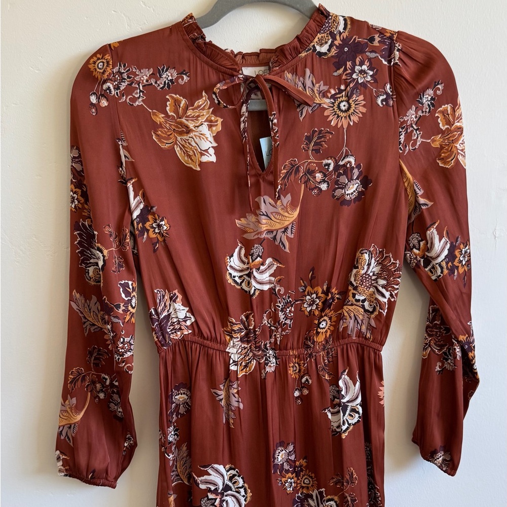 NWT LOFT Floral Dress | Brown Fall Floral Tie-Neck Long Sleeve Ruffle Hem | SP